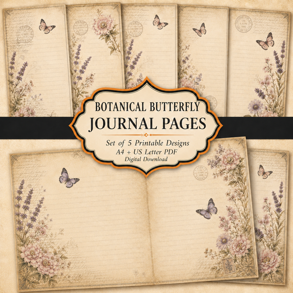 Botanical Butterfly Junk Journal Pages Printable PDF – Vintage Floral Paper Pack A4 & US Letter