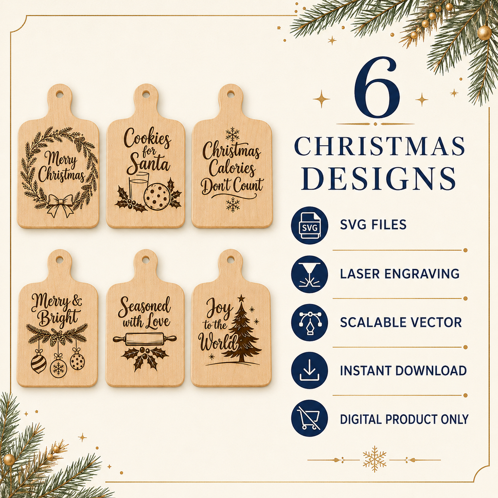 Christmas Cutting Board SVG Bundle – 6 Holiday Laser Engraving Designs
