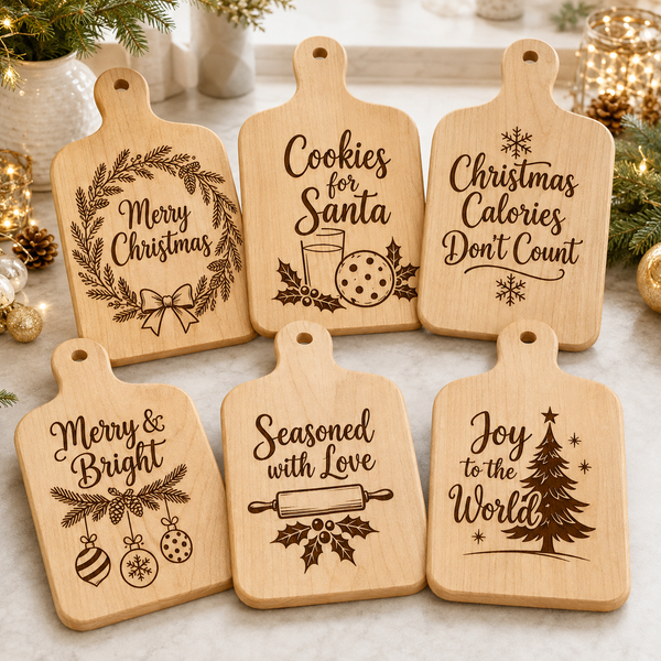 Christmas Cutting Board SVG Bundle – 6 Holiday Laser Engraving Designs
