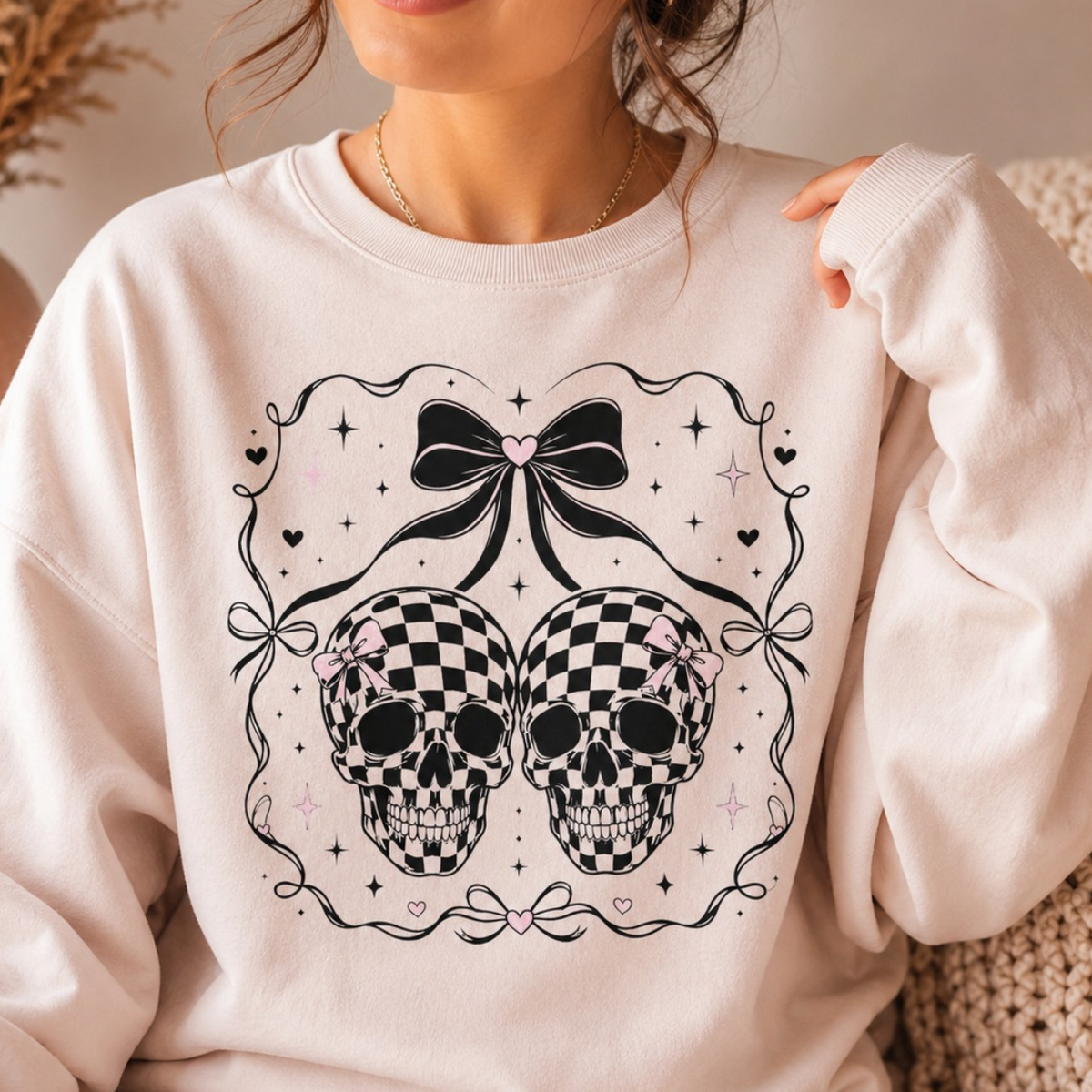 Coquette Checkered Skull Bow PNG | Gothic Pink Shirt Design