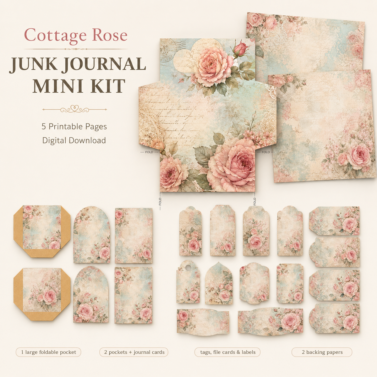 Cottage Rose Junk Journal Mini Kit Printable PDF File