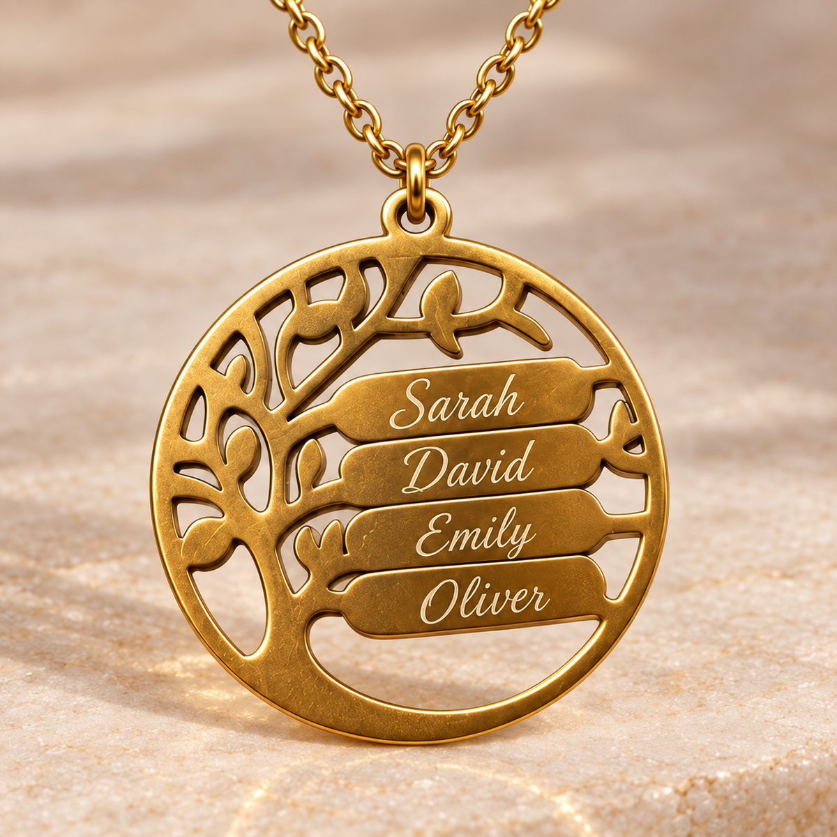 Personalized Family Tree Necklace with Up to 4 Engraved Names – Gold-Tone Pendant