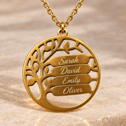 Personalized Family Tree Necklace with Up to 4 Engraved Names – Gold-Tone Pendant