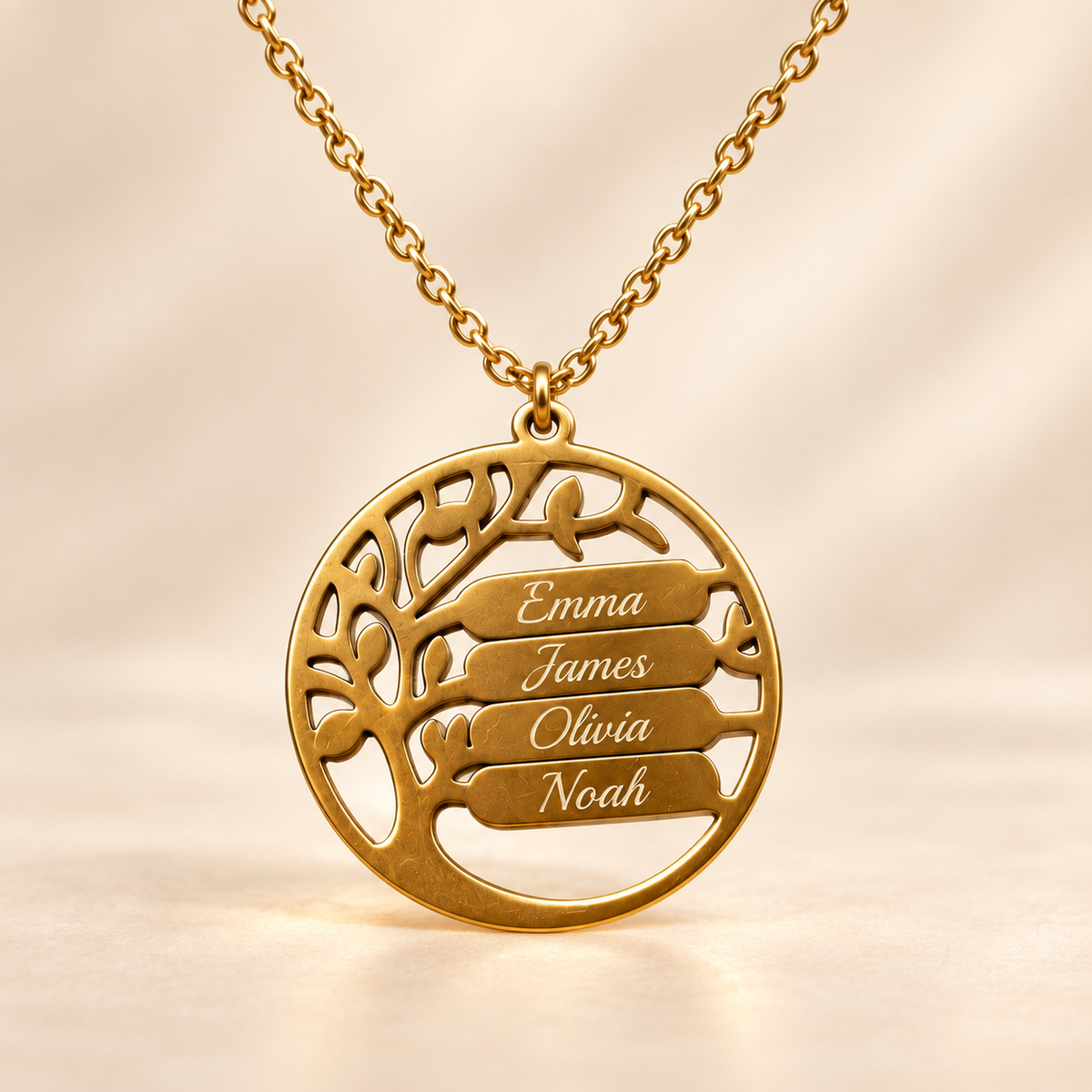 Personalized Family Tree Necklace with Up to 4 Engraved Names – Gold-Tone Pendant