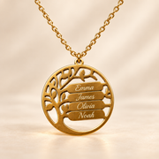 Personalized Family Tree Necklace with Up to 4 Engraved Names – Gold-Tone Pendant