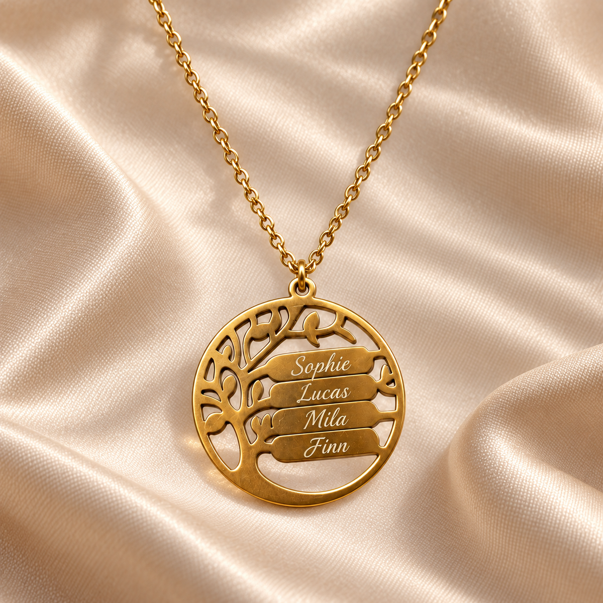 Personalized Family Tree Necklace with Up to 4 Engraved Names – Gold-Tone Pendant