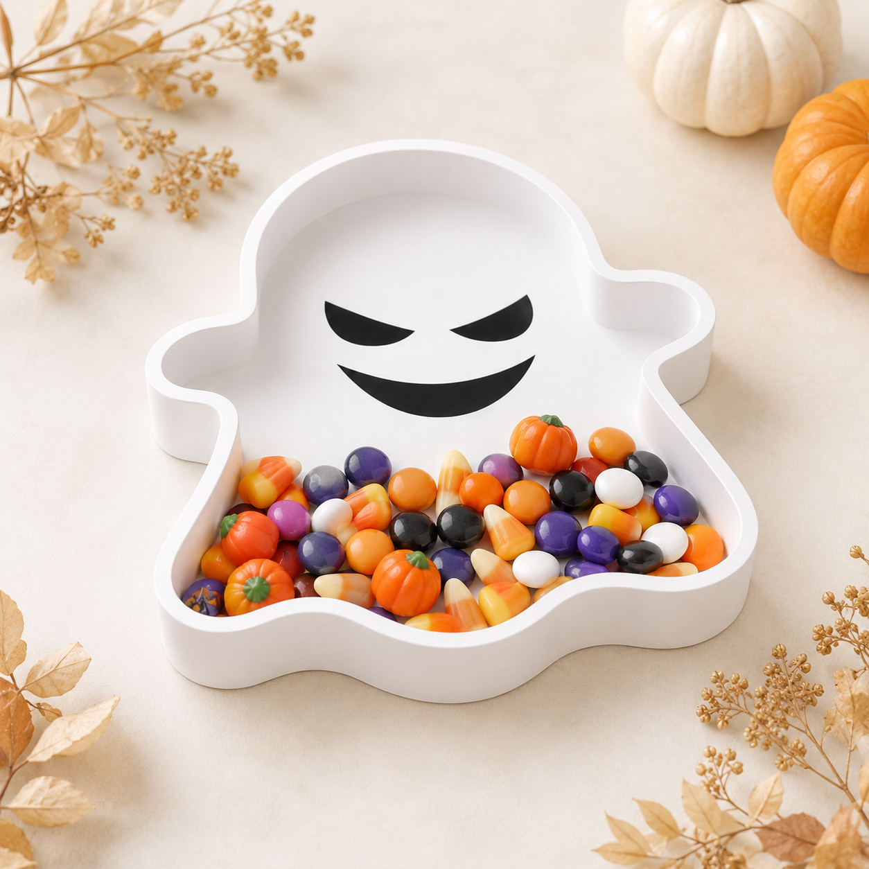 Halloween Ghost Candy Tray STL File | 3D Printable Spooky Candy Bowl with Recessed Face Main image