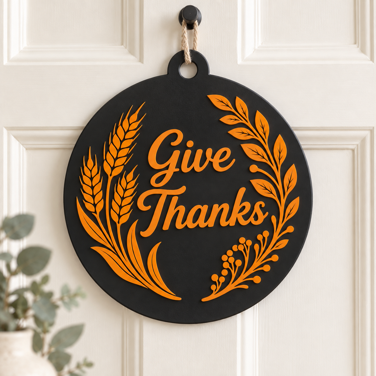 black and orange Give Thanks circular door hanger on a white door