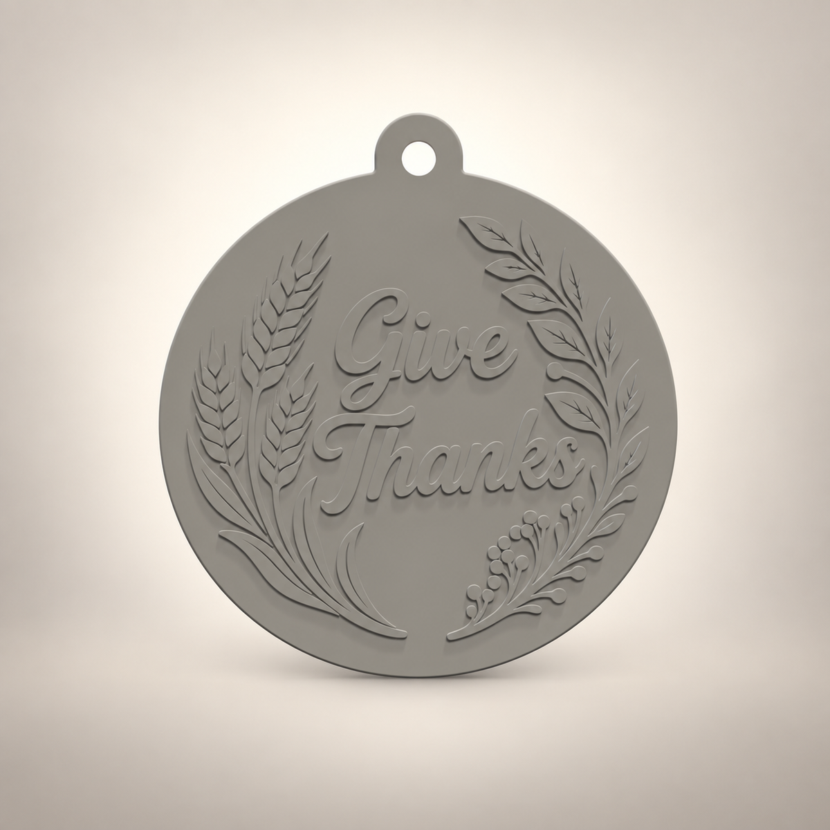 Give Thanks door hanger render on a light studio background