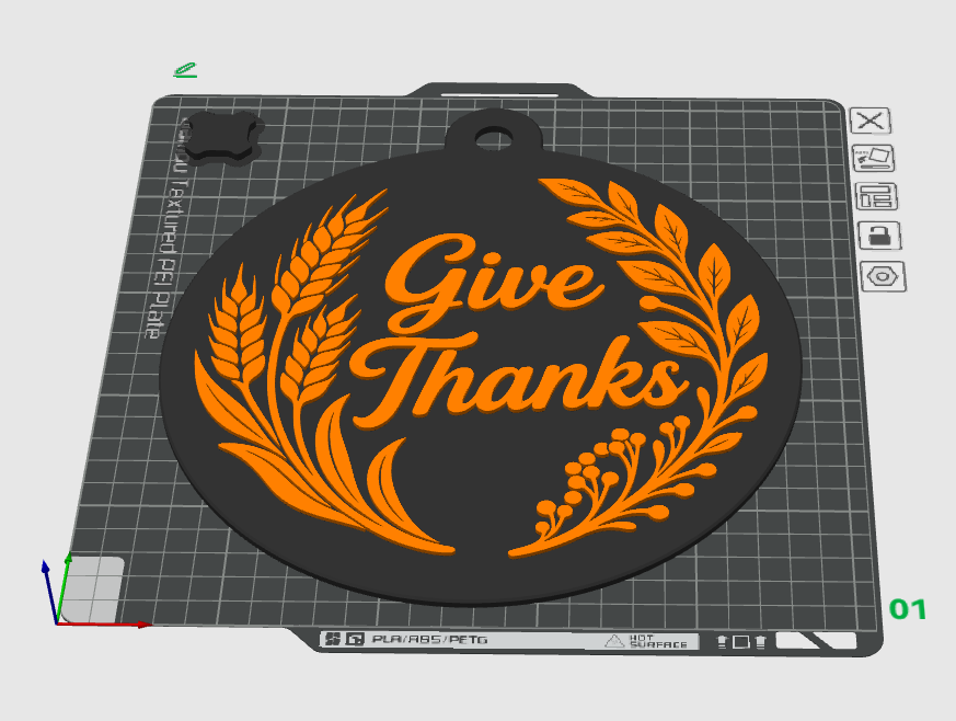 height-colored slicer preview with black base and orange raised details