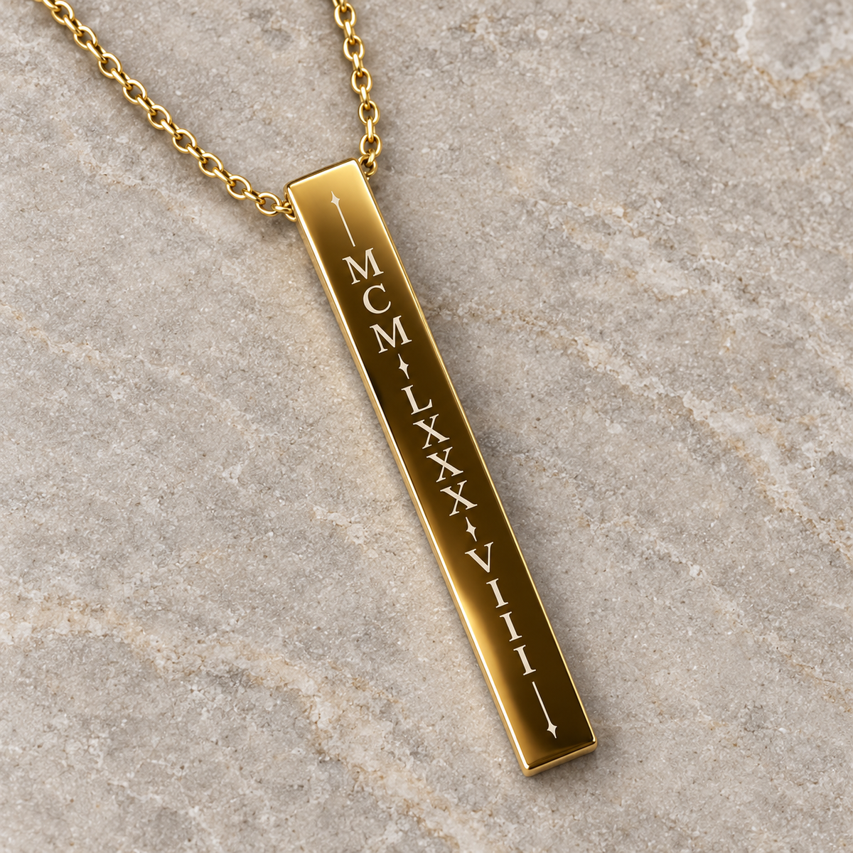 Personalized Roman Numeral Birth Year Necklace – Custom Engraved Gold Bar Pendant