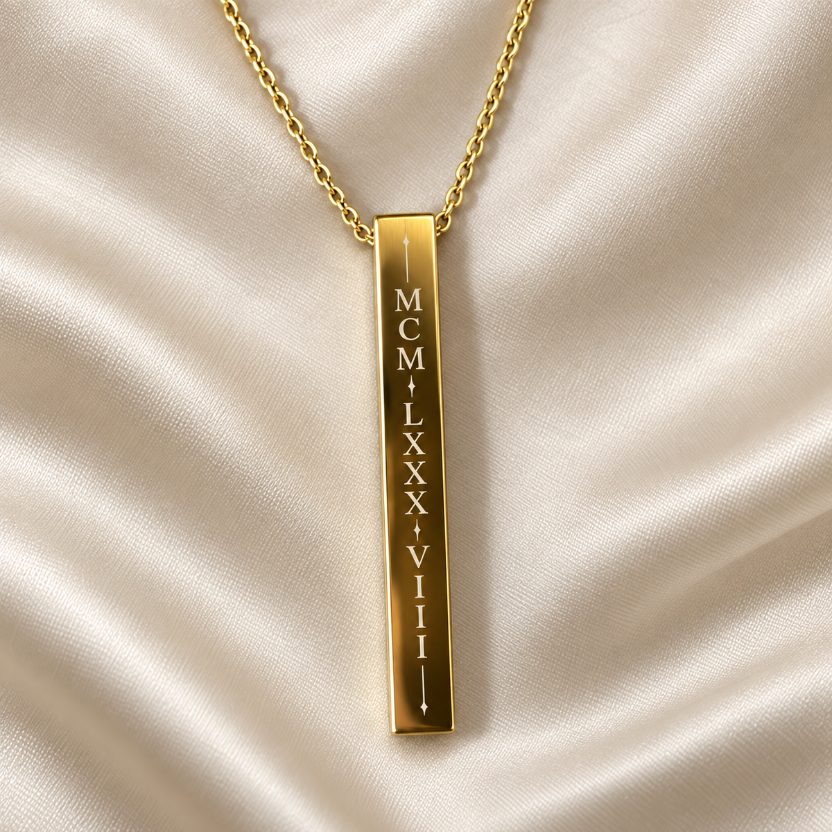Personalized Roman Numeral Birth Year Necklace – Custom Engraved Gold Bar Pendant