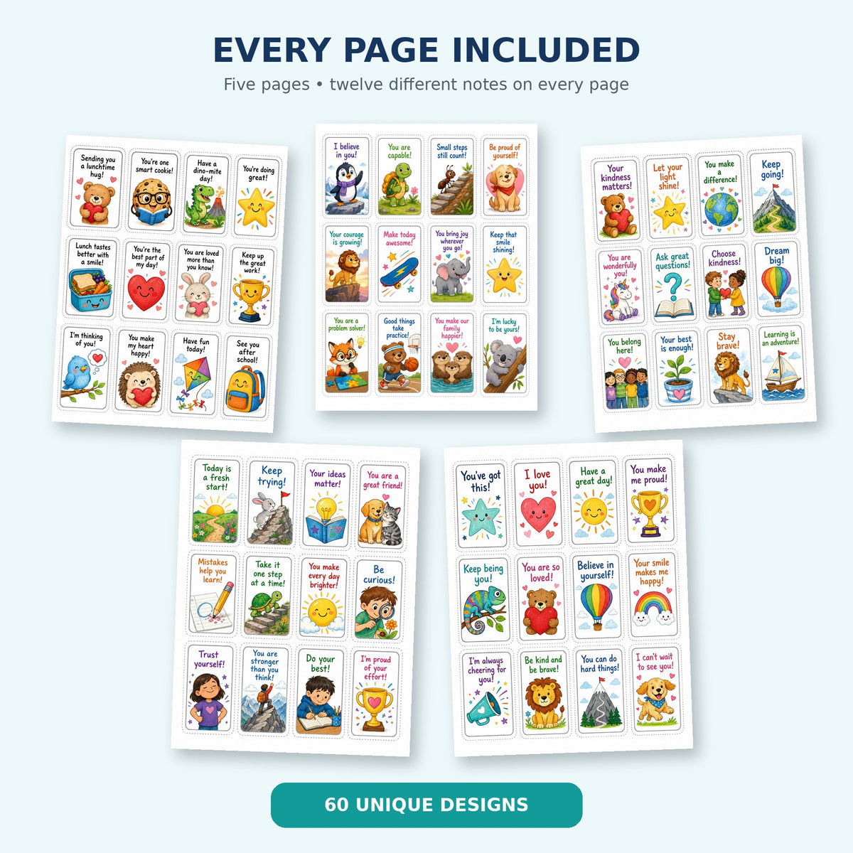 60 Printable Lunchbox Notes for Kids – Positive Affirmation Cards, Encouraging School Lunch Messages PDF
