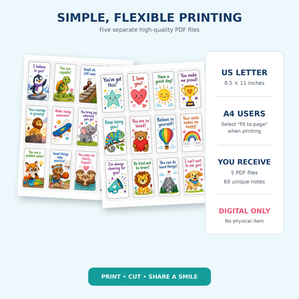60 Printable Lunchbox Notes for Kids – Positive Affirmation Cards, Encouraging School Lunch Messages PDF