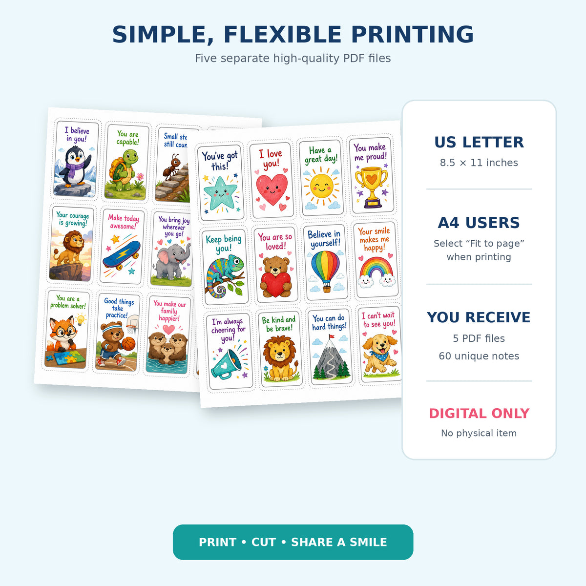 60 Printable Lunchbox Notes for Kids – Positive Affirmation Cards, Encouraging School Lunch Messages PDF