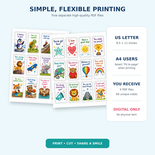 60 Printable Lunchbox Notes for Kids – Positive Affirmation Cards, Encouraging School Lunch Messages PDF