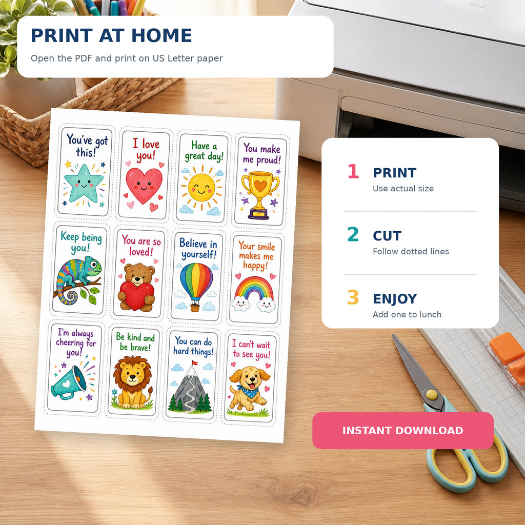 60 Printable Lunchbox Notes for Kids – Positive Affirmation Cards, Encouraging School Lunch Messages PDF