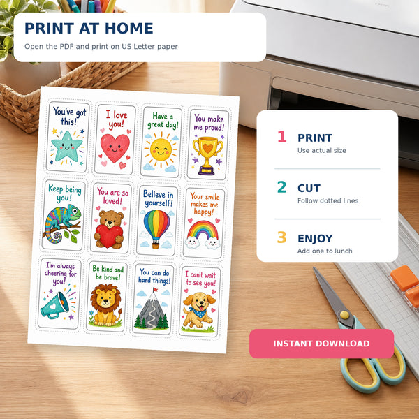 60 Printable Lunchbox Notes for Kids – Positive Affirmation Cards, Encouraging School Lunch Messages PDF