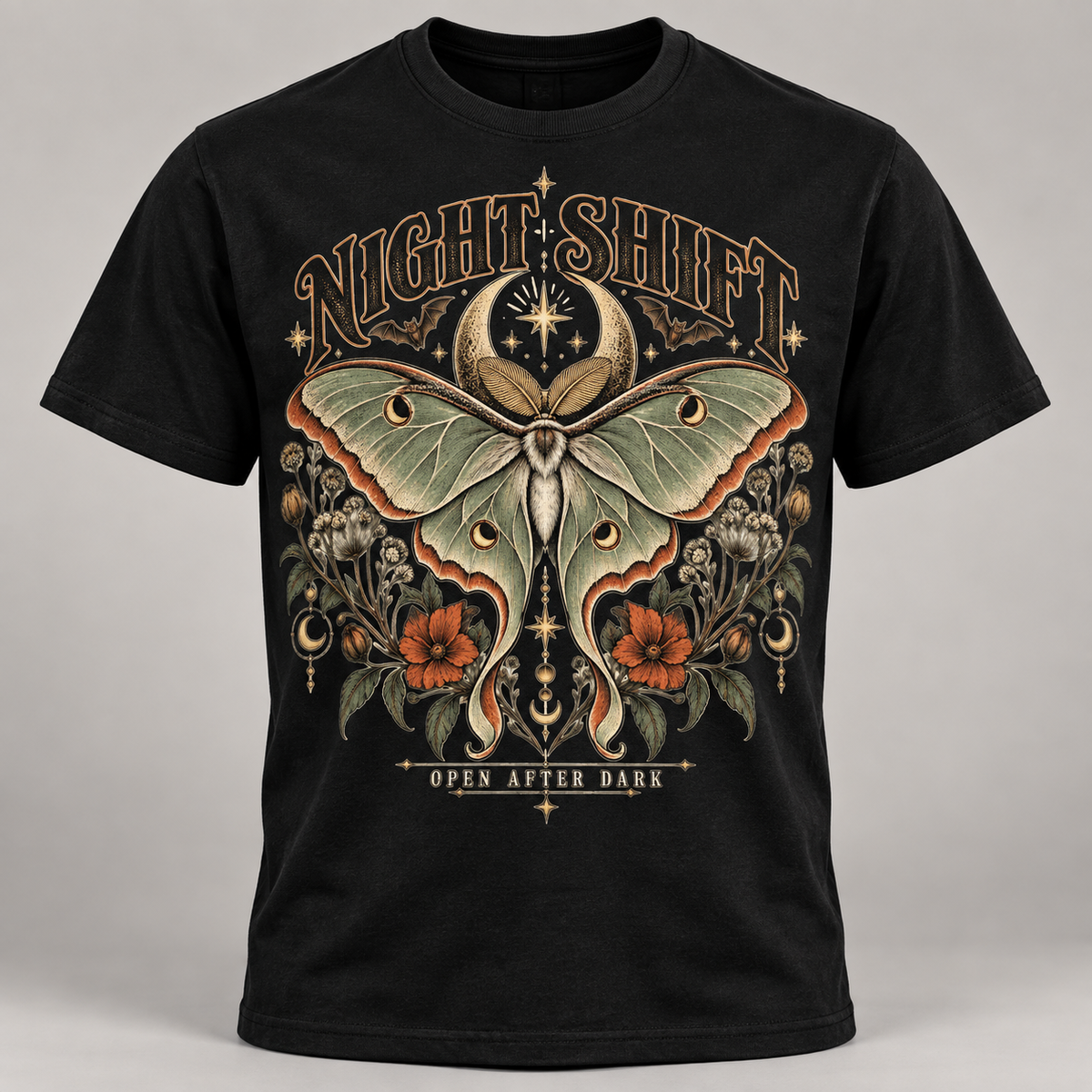 Night Shift Luna Moth PNG – Celestial Floral Apparel Design with Commercial Use
