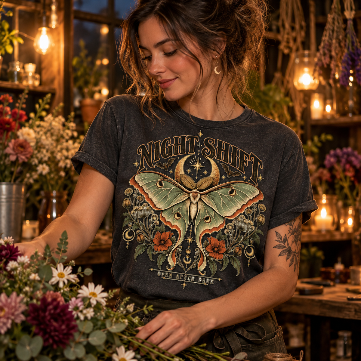Night Shift Luna Moth PNG – Celestial Floral Apparel Design with Commercial Use