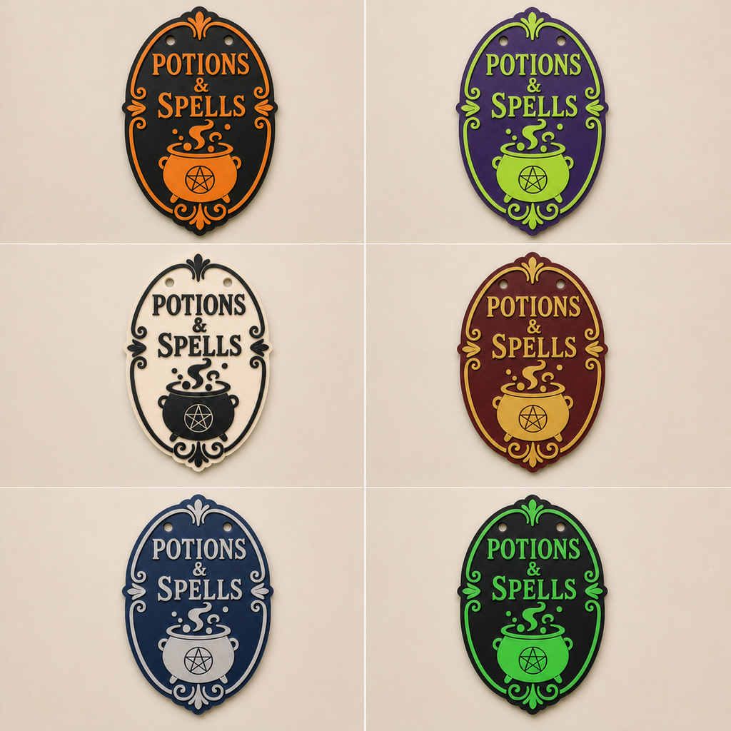 Potions and Spells Halloween Door Sign STL & Height-Colored 3MF