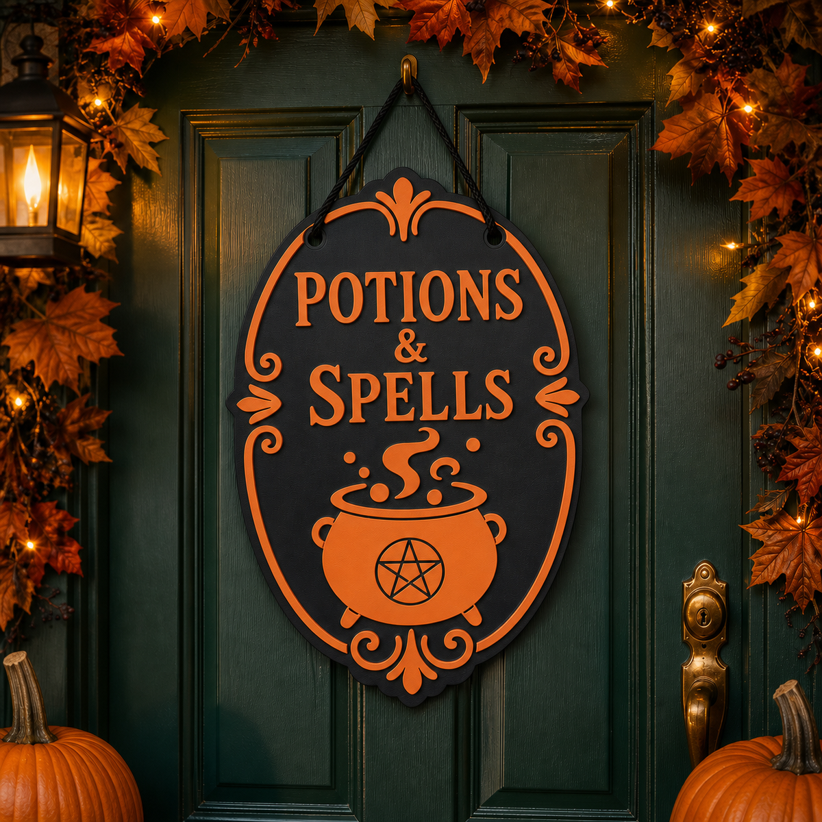 A decorative oval sign reading “POTIONS & SPELLS” with an orange cauldron and pentagram, hanging on a dark green door surrounded by autumn leaves, pumpkins, and warm string lights. Main image