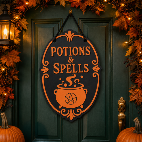 A decorative oval sign reading “POTIONS & SPELLS” with an orange cauldron and pentagram, hanging on a dark green door surrounded by autumn leaves, pumpkins, and warm string lights.