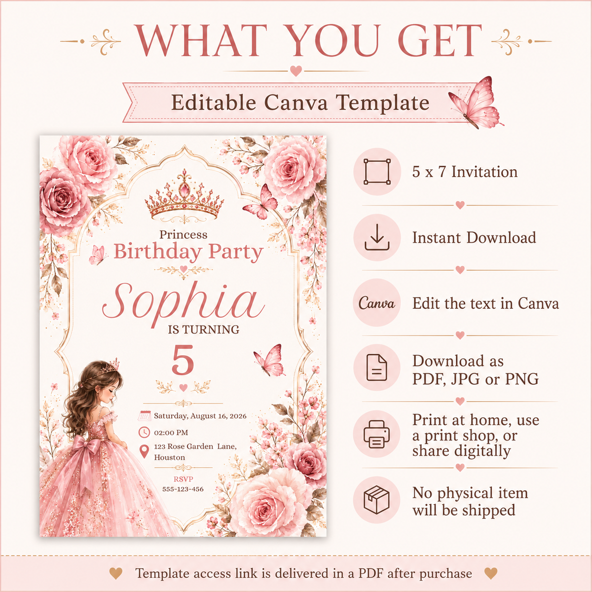 Princess Birthday Invitation Canva Template | Editable Pink Floral 5x7 Birthday Party Invite for Girls