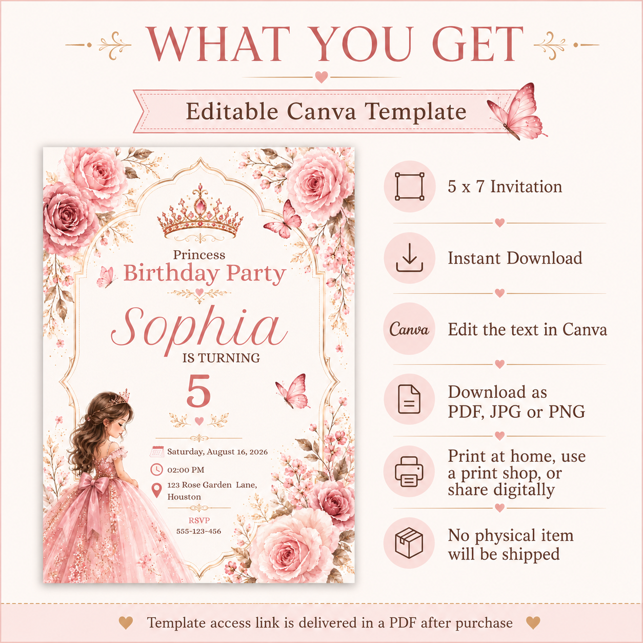 Princess Birthday Invitation Canva Template | Editable Pink Floral 5x7 Birthday Party Invite for Girls