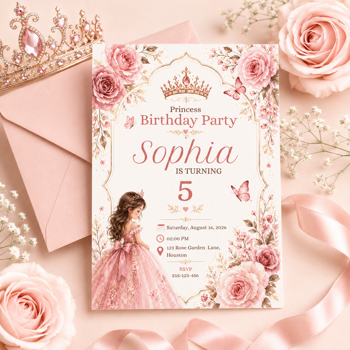 Princess Birthday Invitation Canva Template | Editable Pink Floral 5x7 Birthday Party Invite for Girls