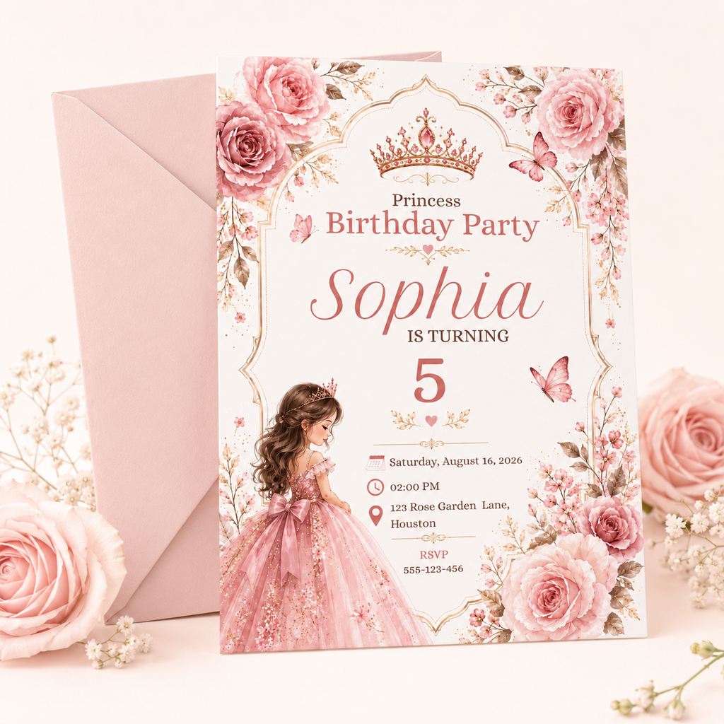Princess Birthday Invitation Canva Template | Editable Pink Floral 5x7 Birthday Party Invite for Girls