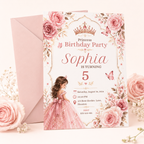 Princess Birthday Invitation Canva Template | Editable Pink Floral 5x7 Birthday Party Invite for Girls