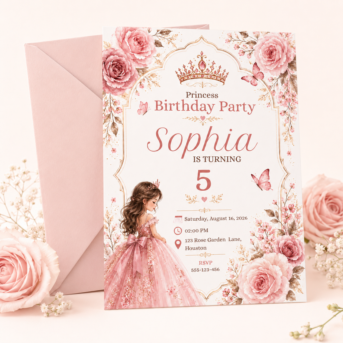 Princess Birthday Invitation Canva Template | Editable Pink Floral 5x7 Birthday Party Invite for Girls