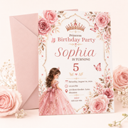 Princess Birthday Invitation Canva Template | Editable Pink Floral 5x7 Birthday Party Invite for Girls