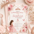 Princess Birthday Invitation Canva Template | Editable Pink Floral 5x7 Birthday Party Invite for Girls