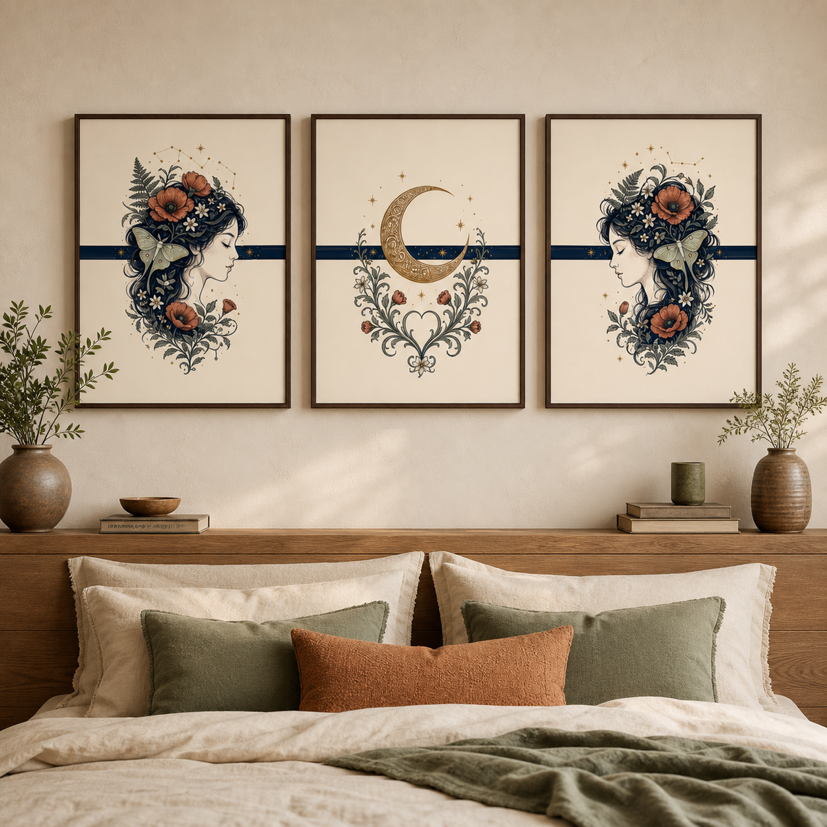 A three-piece framed wall art set hangs above a wooden headboard in a styled bedroom. The artwork features a central cream-toned print with a gold crescent moon and floral motifs, flanked by two matching prints showing a woman's profile with dark flowers and leaves. Main image