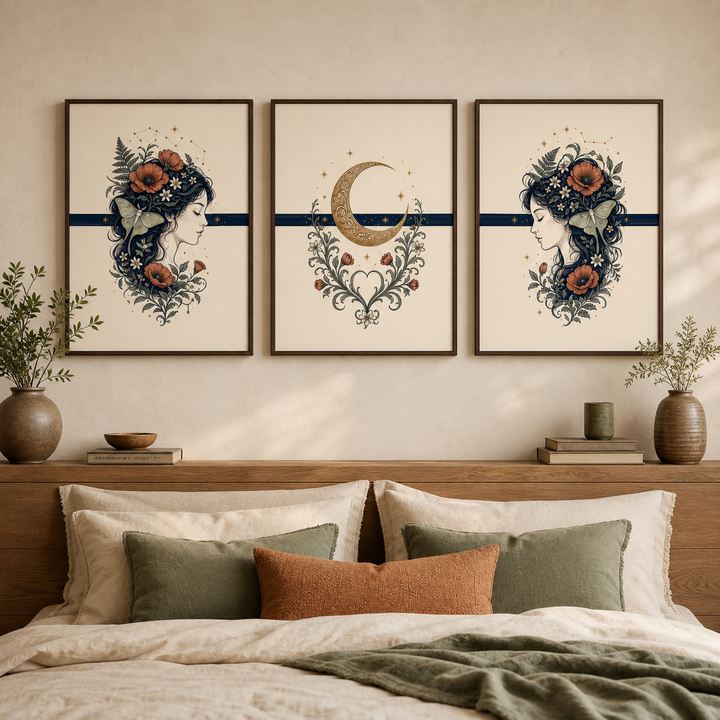 A three-piece framed wall art set hangs above a wooden headboard in a styled bedroom. The artwork features a central cream-toned print with a gold crescent moon and floral motifs, flanked by two matching prints showing a woman's profile with dark flowers and leaves.