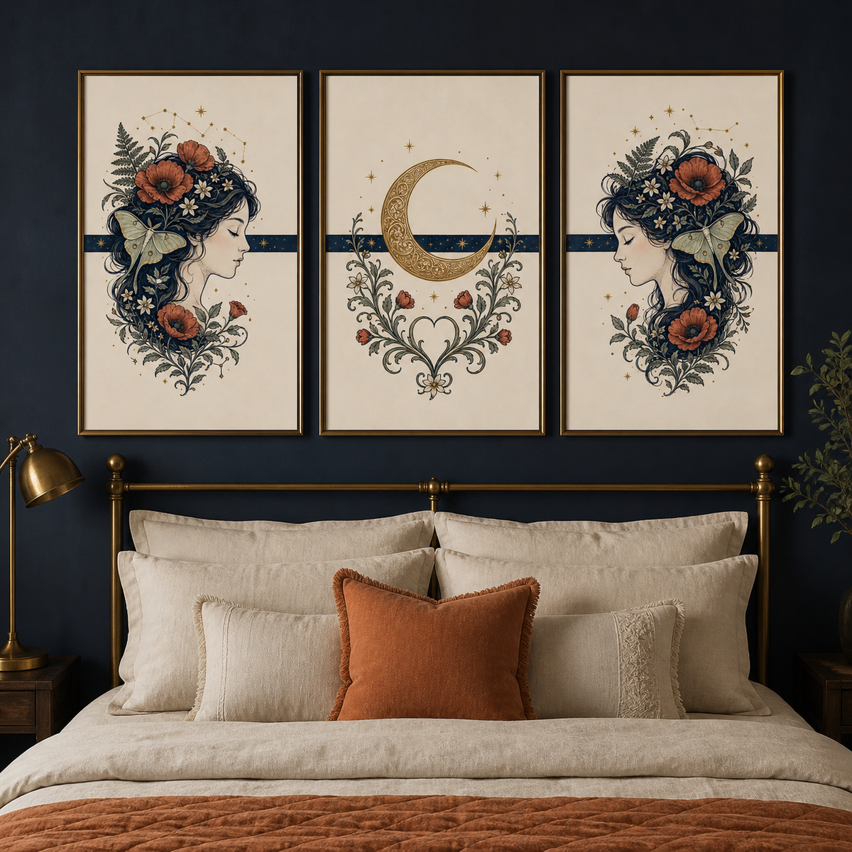 A three-panel framed wall art set hangs above a bed in a dark navy bedroom. The artwork features cream backgrounds with ornate floral illustrations, a crescent moon, and profile faces surrounded by flowers.