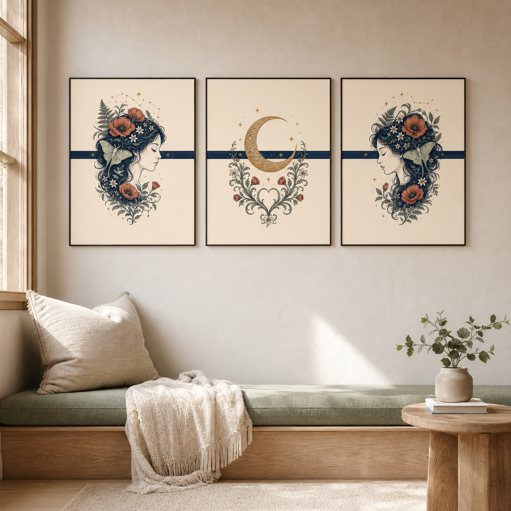 Three framed wall art prints with bohemian-style floral and celestial designs hang above a cushioned wooden bench in a softly lit room. The prints feature cream backgrounds with navy horizontal bands, dark blue illustrated figures with floral crowns, a gold crescent moon, and small red-orange flowers.