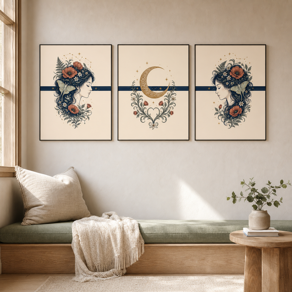 Three framed wall art prints with bohemian-style floral and celestial designs hang above a cushioned wooden bench in a softly lit room. The prints feature cream backgrounds with navy horizontal bands, dark blue illustrated figures with floral crowns, a gold crescent moon, and small red-orange flowers.