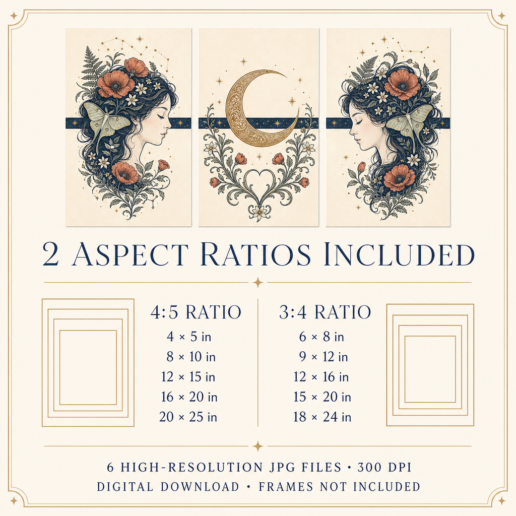 A promotional graphic for a digital download listing 6 high-resolution JPG files in two aspect ratios: 4:5 and 3:4. The design features a cream-colored background with elegant gold borders, navy blue text, and three decorative art panels at the top showing a woman's profile with a floral crown, a crescent moon, and a central heart motif.
