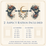 A promotional graphic for a digital download listing 6 high-resolution JPG files in two aspect ratios: 4:5 and 3:4. The design features a cream-colored background with elegant gold borders, navy blue text, and three decorative art panels at the top showing a woman's profile with a floral crown, a crescent moon, and a central heart motif.