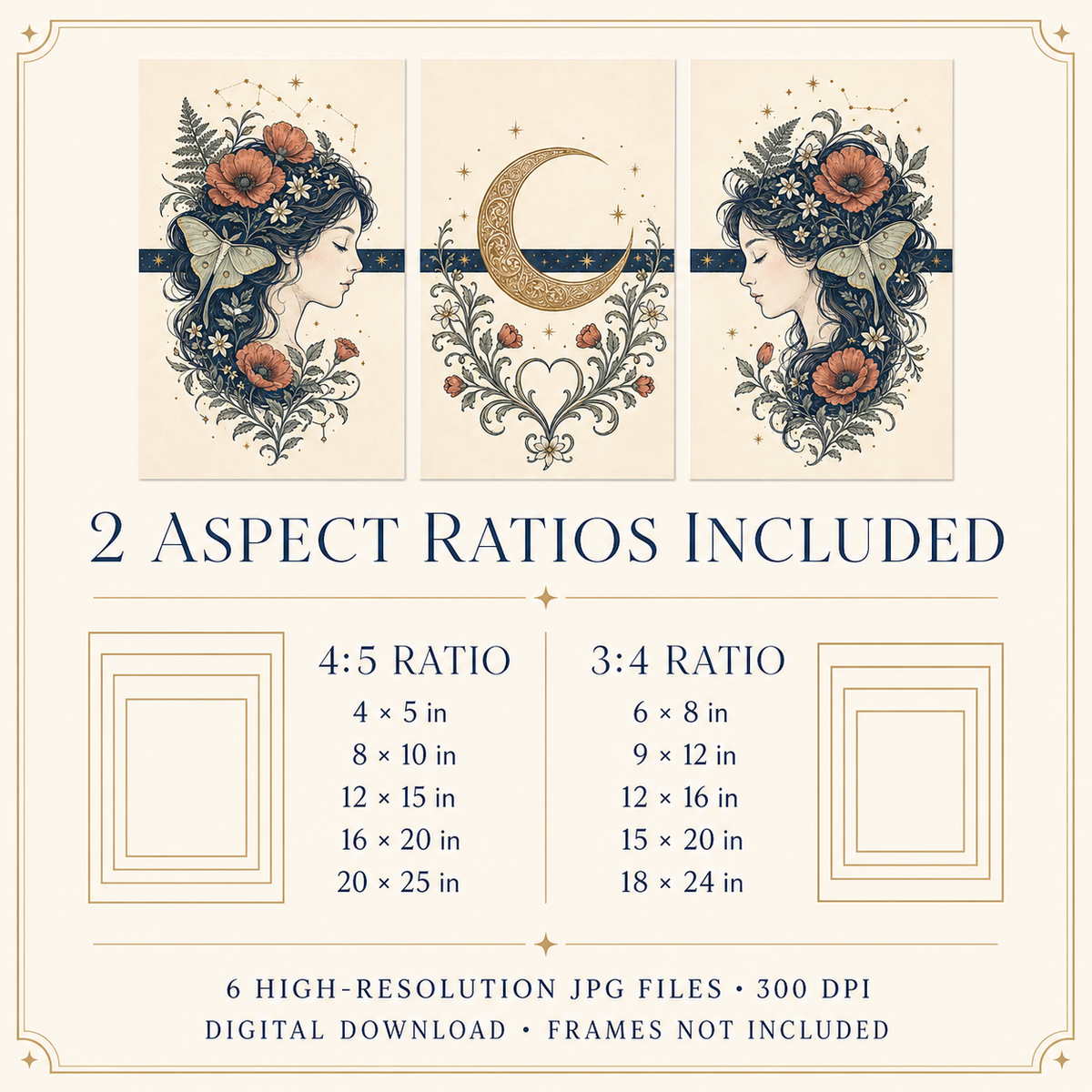 A promotional graphic for a digital download listing 6 high-resolution JPG files in two aspect ratios: 4:5 and 3:4. The design features a cream-colored background with elegant gold borders, navy blue text, and three decorative art panels at the top showing a woman's profile with a floral crown, a crescent moon, and a central heart motif.