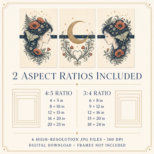 A promotional graphic for a digital download listing 6 high-resolution JPG files in two aspect ratios: 4:5 and 3:4. The design features a cream-colored background with elegant gold borders, navy blue text, and three decorative art panels at the top showing a woman's profile with a floral crown, a crescent moon, and a central heart motif.