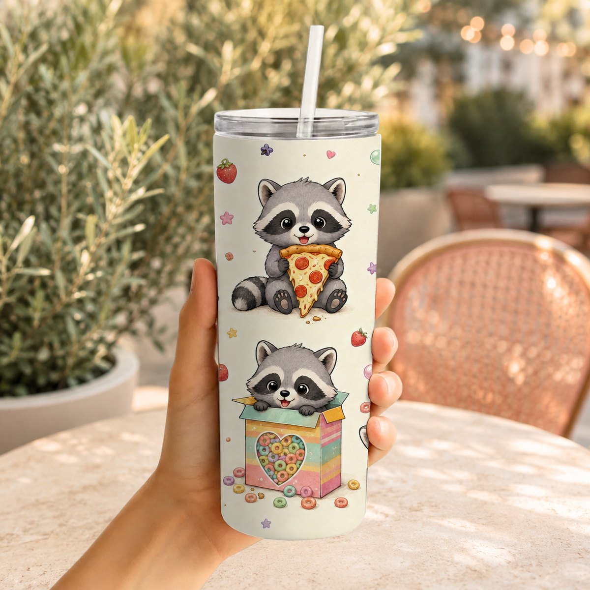 Raccoon Foodie 20oz Skinny Tumbler Wrap – Seamless Sublimation Design