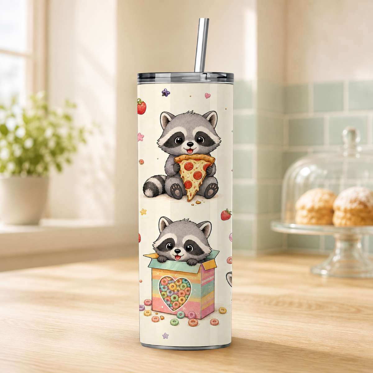 Raccoon Foodie 20oz Skinny Tumbler Wrap – Seamless Sublimation Design