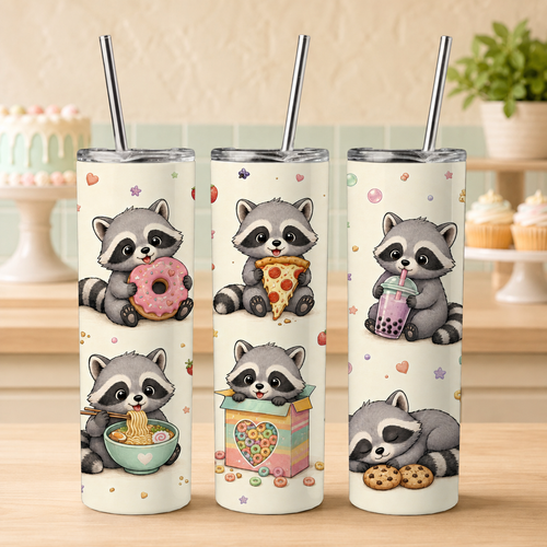 Raccoon Foodie 20oz Skinny Tumbler Wrap – Seamless Sublimation Design