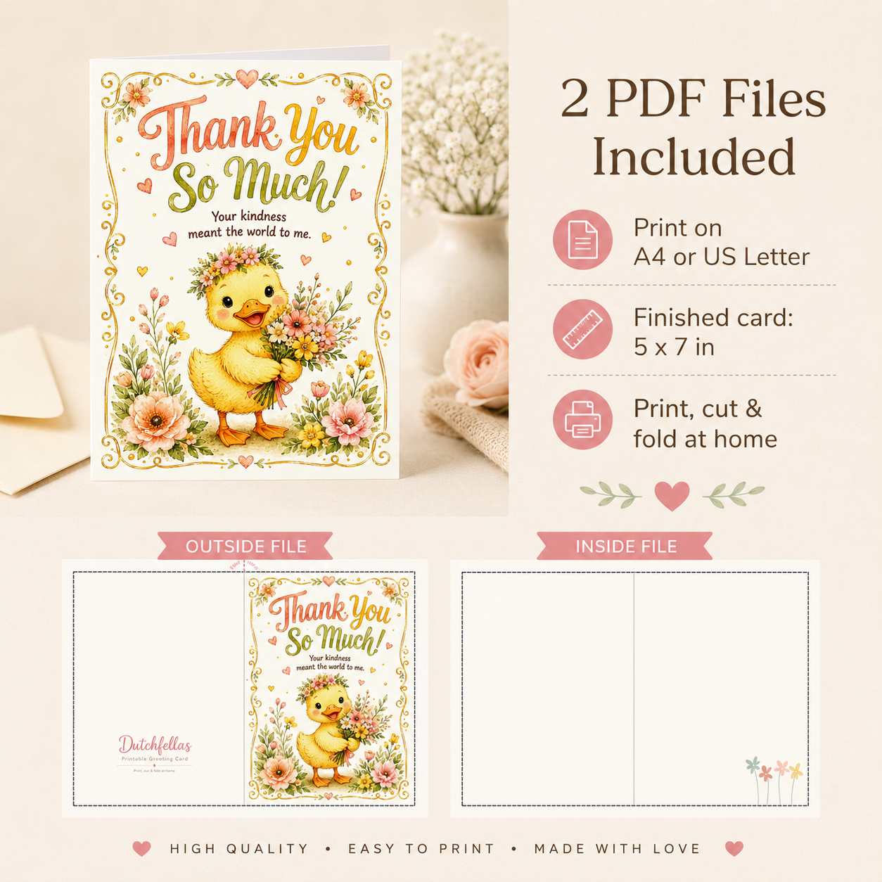 Thank You Printable Greeting Card | Cute Duck 5x7 Card