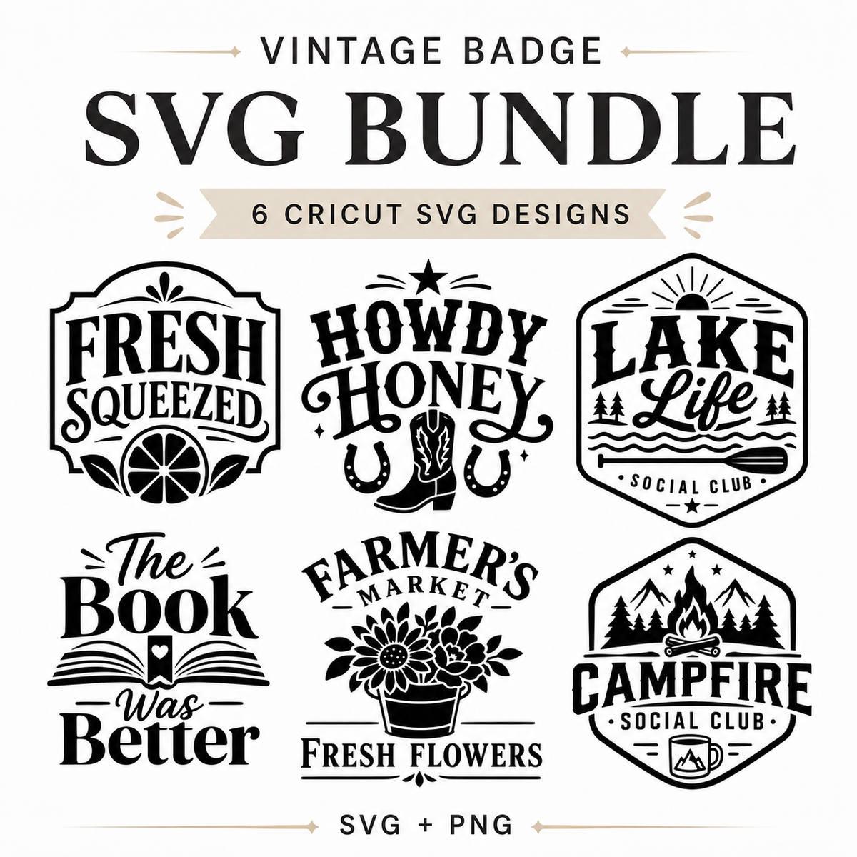 Vintage Badge SVG Bundle | 6 Cricut Cut Files for Mugs Shirts Totes Signs