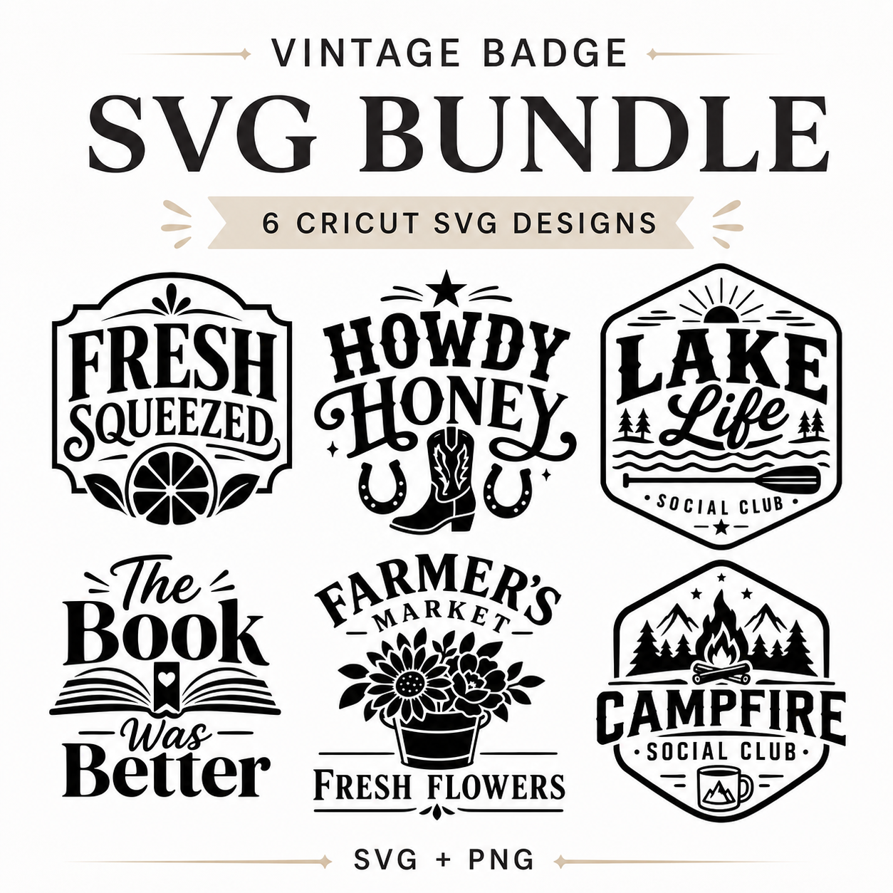 Vintage Badge SVG Bundle | 6 Cricut Cut Files for Mugs Shirts Totes Signs
